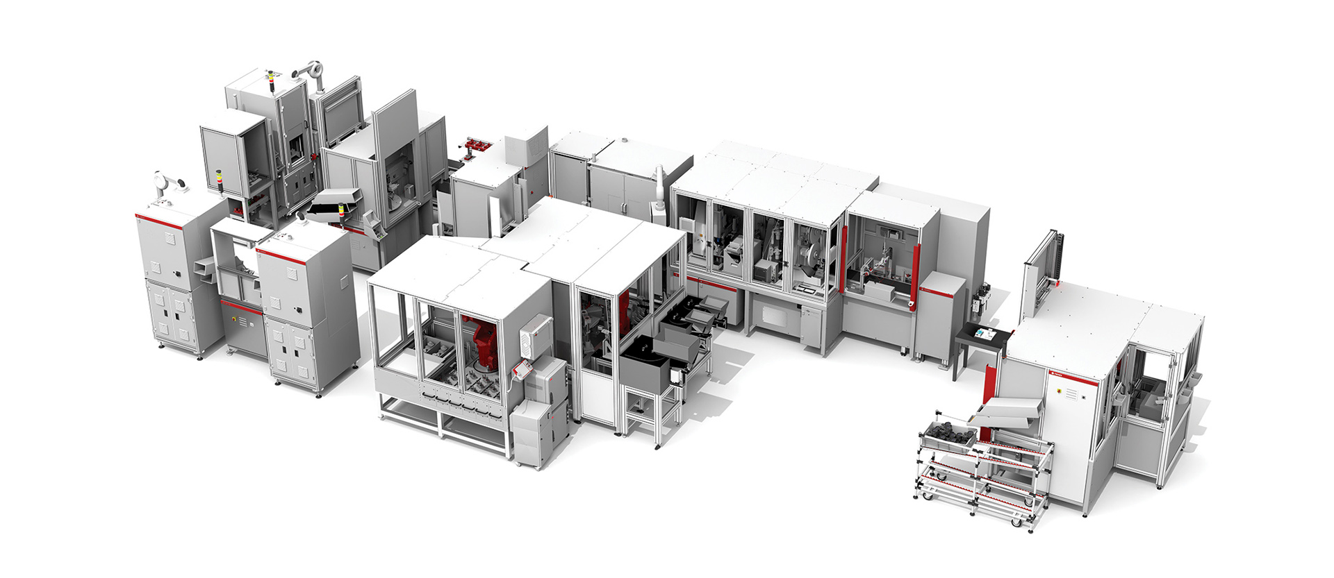 Montážní a testovací linka pro kompletaci přepínacích ventilů