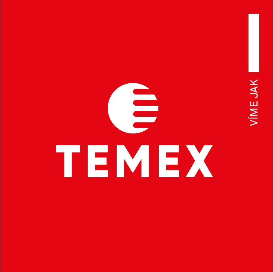 Středová linie bílého loga Temex s hlavním sloganem na červeném pozadí