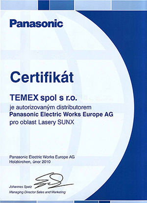 Certifikát firmy Temex jako autorizovaného distributora Panasonic