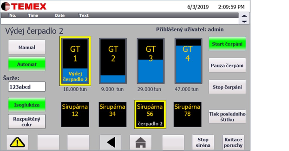 Okno obrazovky HMI panelu zobrazující přečerpávání pro výdej – čerpadlo 2