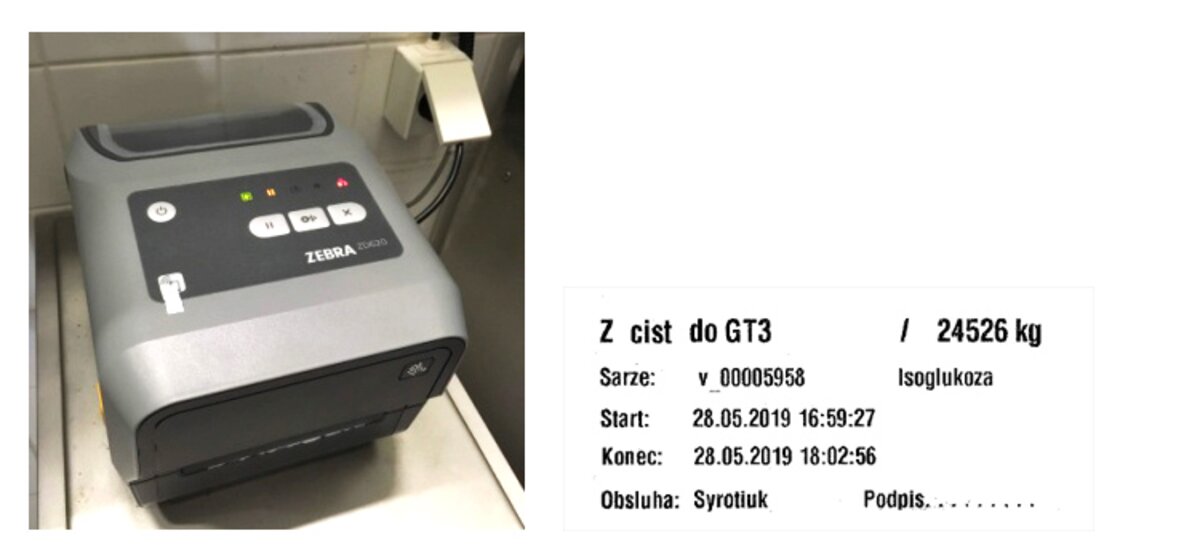 Stolní tiskárna štítků a etiketa s údaji, které jsou vytištěny při každém zastavení čerpání