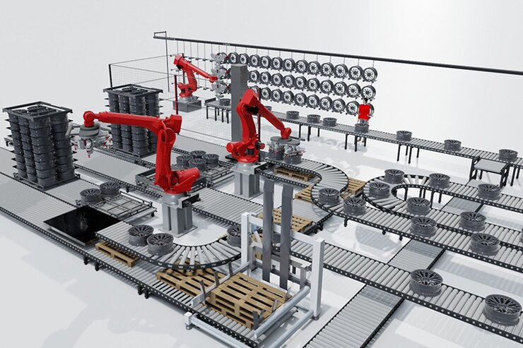 Automated lines for depalletising and hanging aluminium wheels