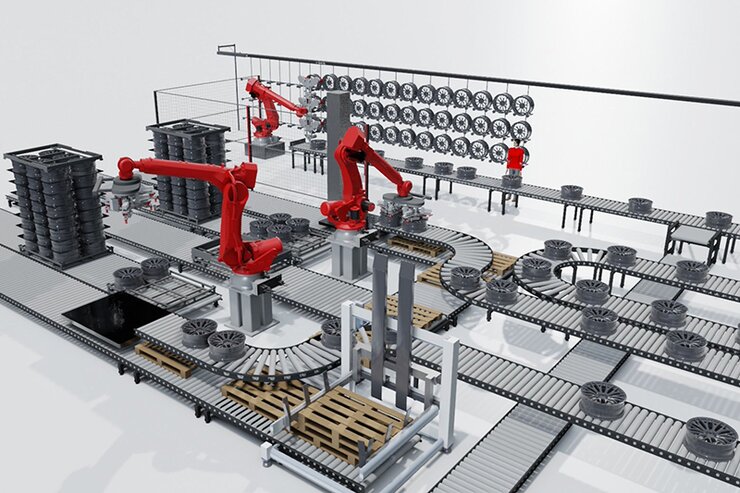 Automatizovaná linka na depaletizaci a navěšování hliníkových kol