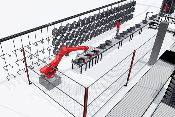 Uchopení trojice hliníkových kol robotem