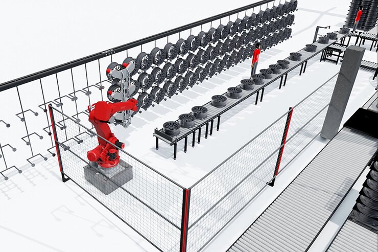 Přemístění hliníkových kol robotem na závěsný dopravníkový systém lakovny