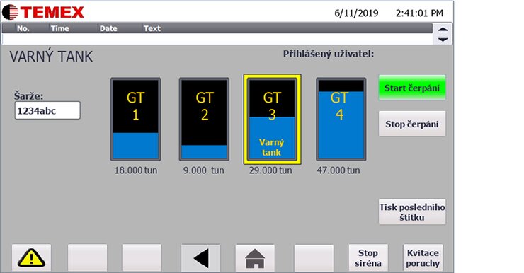 Okno obrazovky HMI panelu zobrazující přečerpávání z varného tanku