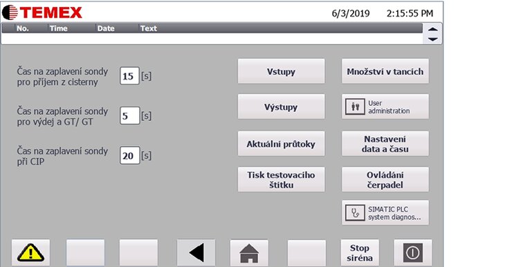 Obrazovka HMI panelu – Servis